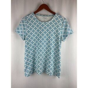 Croft & Barrow Classic Tee Women's L Blue White Pattern T Shirt 100% Cotton HOLE